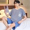 Men's Summer Striped Cartoon Pajama Set: Soft Cotton, Short-Sleeved Round Neck Top with Shorts, Large Size Boy's Homewear.