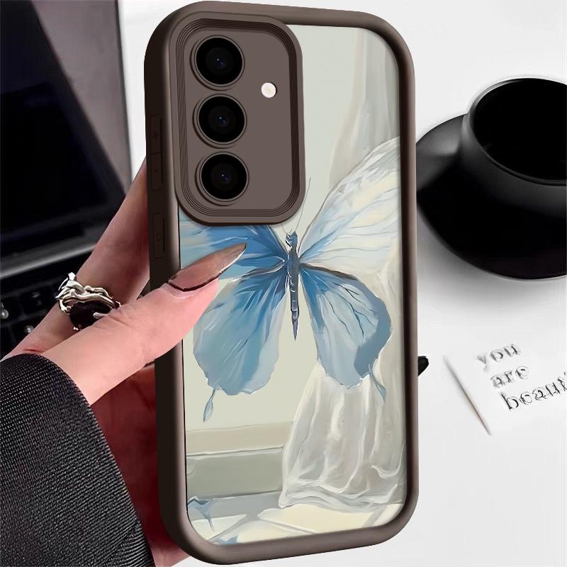 Чехол для Samsung S24 S23 Ultra S22 Plus S21 FE S20 A54 A53 A35 A34 A14, матовый силиконовый противоударный мягкий чехол с синей бабочкой