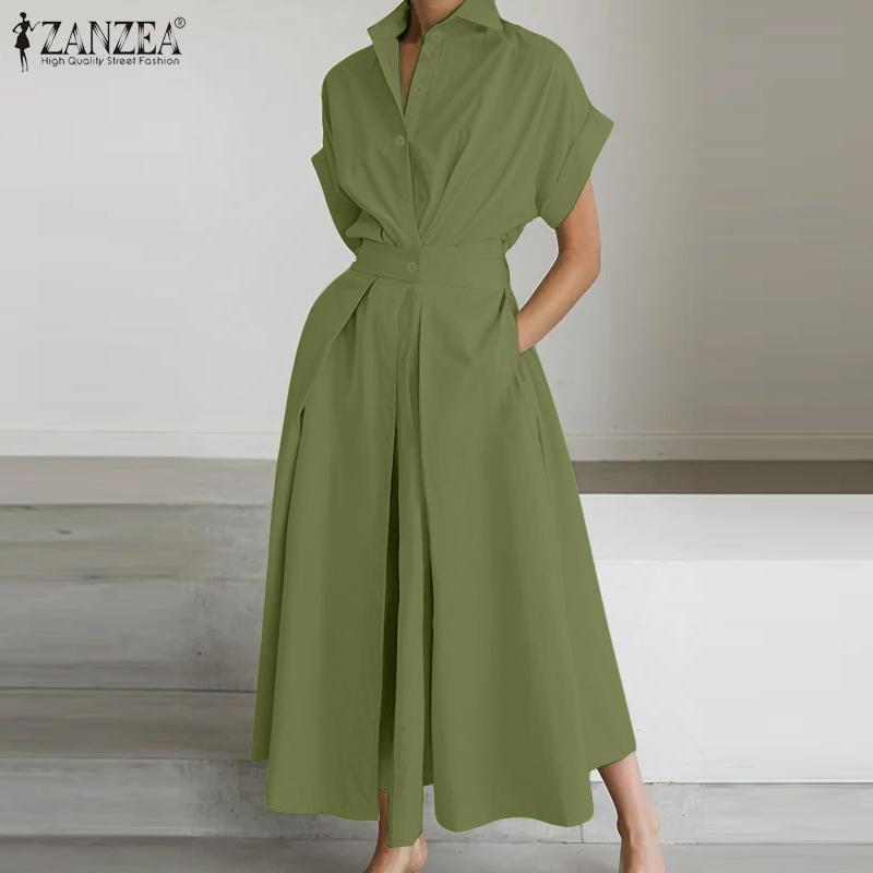 ZANZEA Женское повседневное длинное платье-рубашка с отложным воротником и коротким рукавом