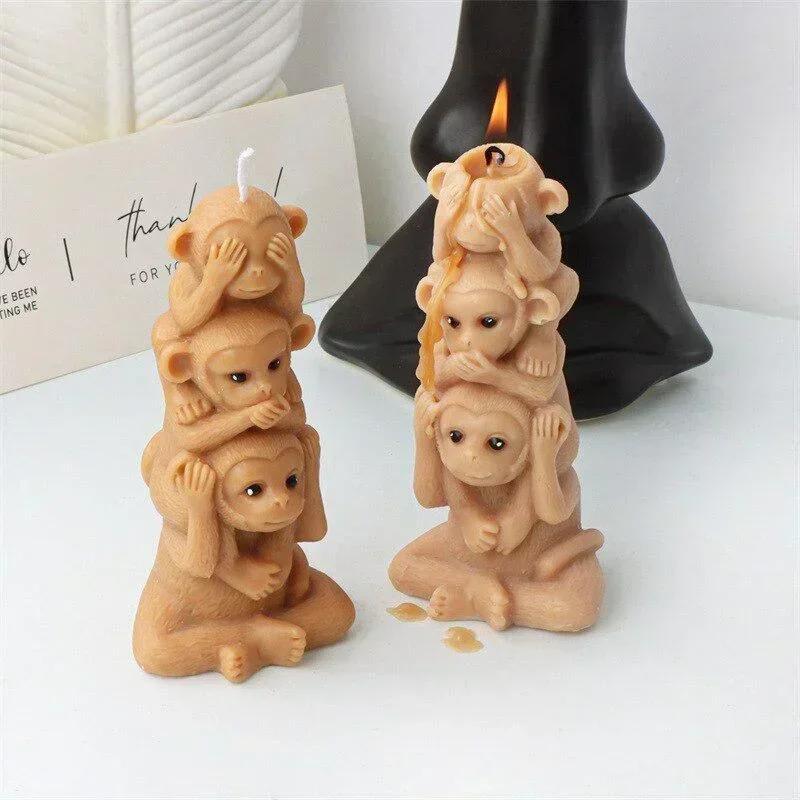3D Handmade Diy Monkey Bear Shape Silicone Candle Mold Family of Three Overlapping Animals Resin Molds DIY Crafts Home Decor