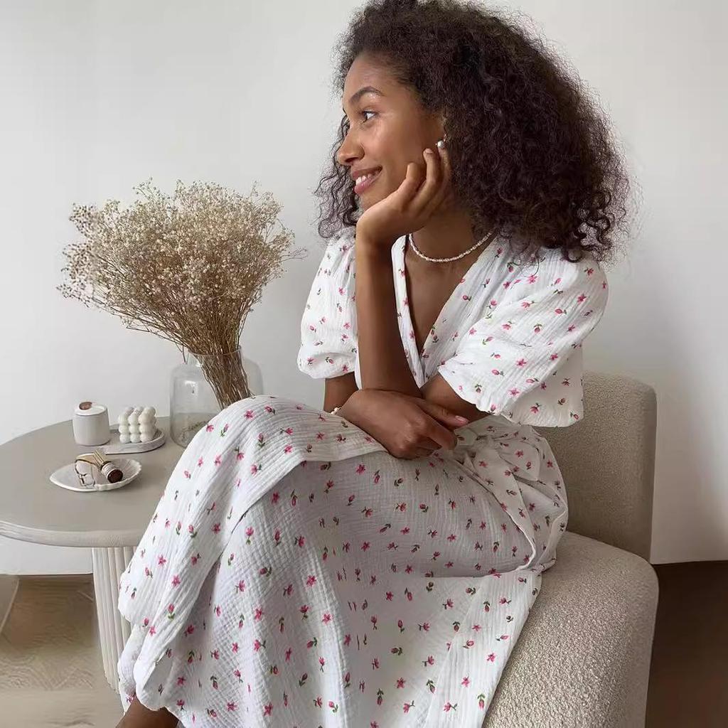 Женское летнее платье с короткими рукавами и высокой талией в этническом стиле на шнуровке