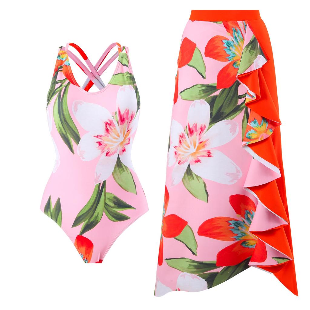 Women's Sexy Slim Fit Two-Piece With Printed Swimsuit Long Skirt Set