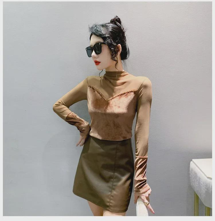 Осенняя приталенная футболка с бисерной лоскутной отделкой, полувысоким воротником и длинными рукавами для женщин