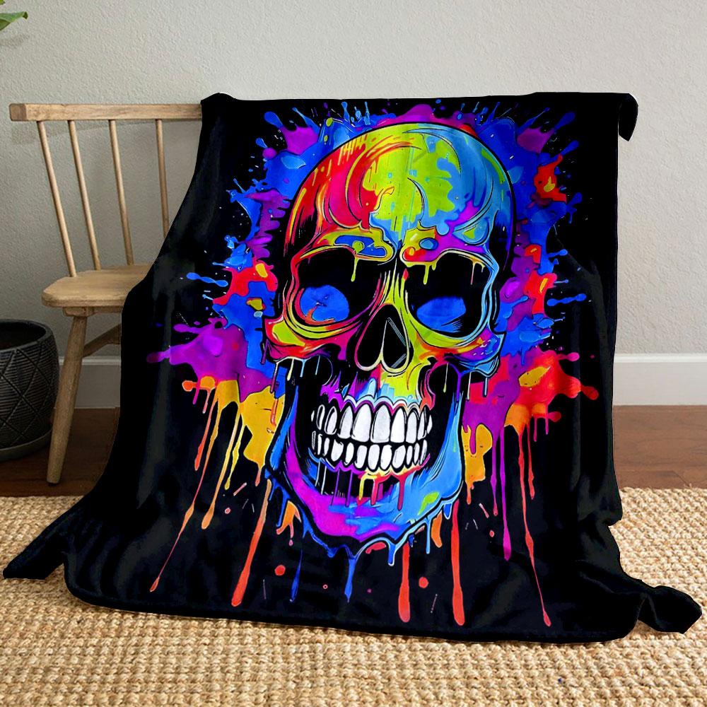 Colorful Skull Splatter Design Patterned blanket, flannel, suitable for all seasons, home decor, warm and cozy