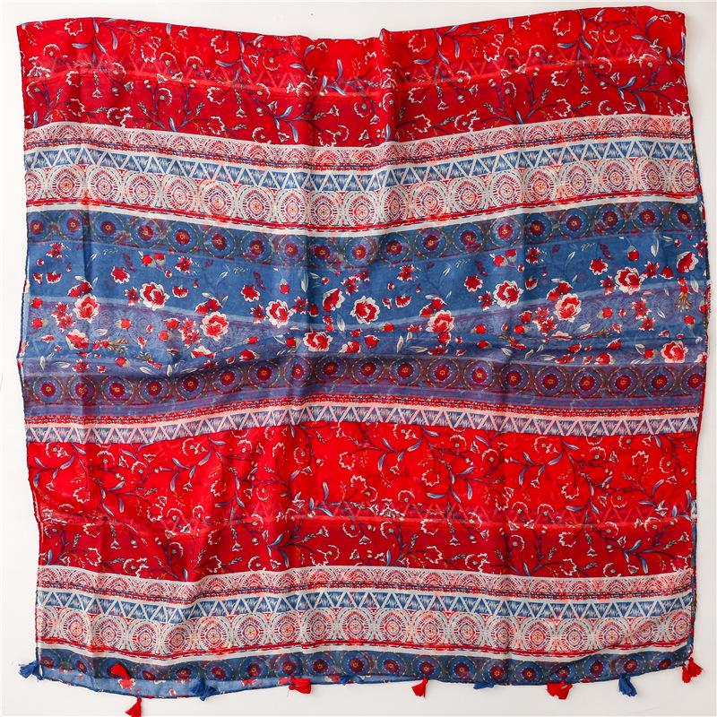 Красно-синий этнический цветочный хлопковый шарф - Мягкая шаль в балийском стиле для женщин