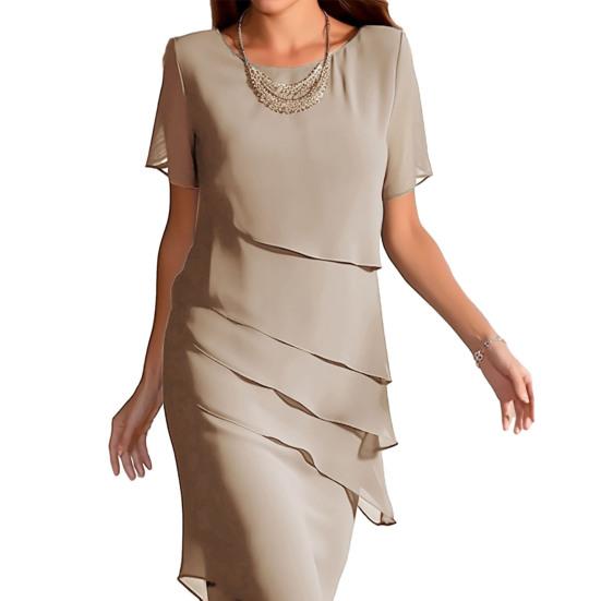 Женское модное шифоновое платье с круглым вырезом и коротким рукавом, сплошное цветное плиссированное платье, элегантное женское вечернее платье миди для отпуска, коктейльная вечеринка