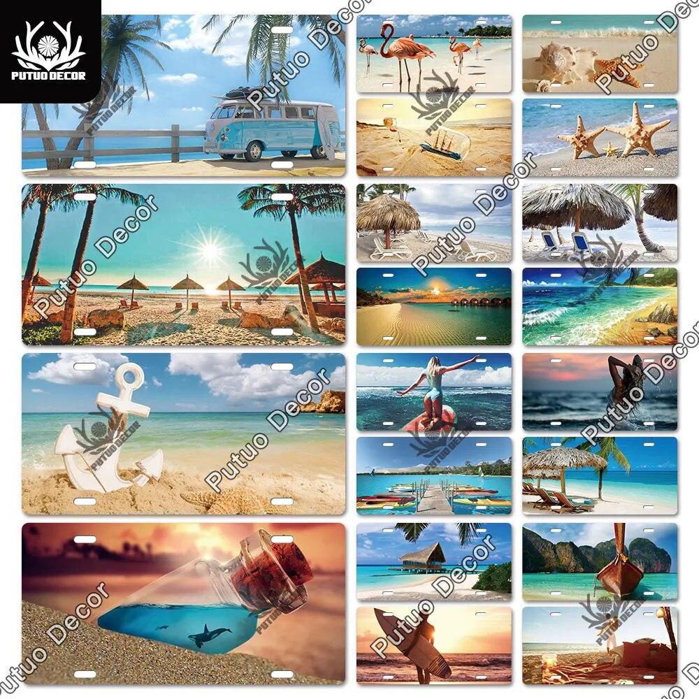 Putuo Decor Beach Licenses Plate Vintage Tin Sign Plaque Metal Car Plate for Living Room Door House Home Wall Art Decor