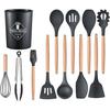Cooking Utensils Kitchen Utensil Set, 12 PCS Wooden Handle Nontoxic BPA Free Silicone Spoon Spatula Turner Tongs Kitchen Gadgets Utensil Set