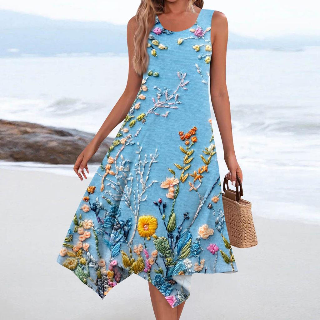 Женское повседневное модное платье средней длины с круглым вырезом без рукавов с винтажным цветочным принтом и неровным подолом