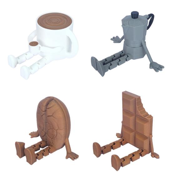 3D-печатная фигурка кофейного уголка, мока-пот/кружка/кофейное зерно/шоколадная фигурка с подвижными ногами для декора офисной/домашней полки, забавные подарки