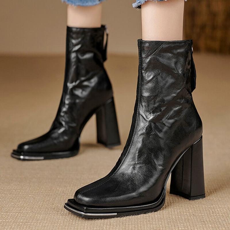 Женские зимние ботильоны на очень высоком каблуке с квадратным носком, сексуальные туфли из кожи, массивные модные ботинки 2024 года, зимние туфли-лодочки Botas Mujer