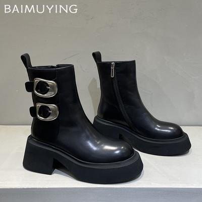 Кожаные массивные женские ботильоны на платформе, дизайнерские туфли на среднем каблуке, тренд 2025 года, зимние новые туфли-лодочки в готическом стиле для мотоциклистов, Botas De Mujer