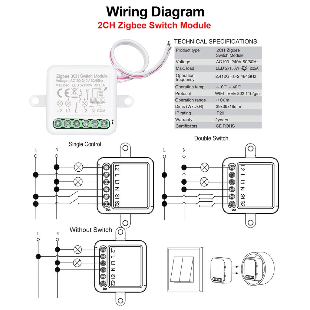 2CH Zigbee Mini Smart Switch Релейный модуль Поддержка 2-стороннего переключателя управления для автоматизации умного дома