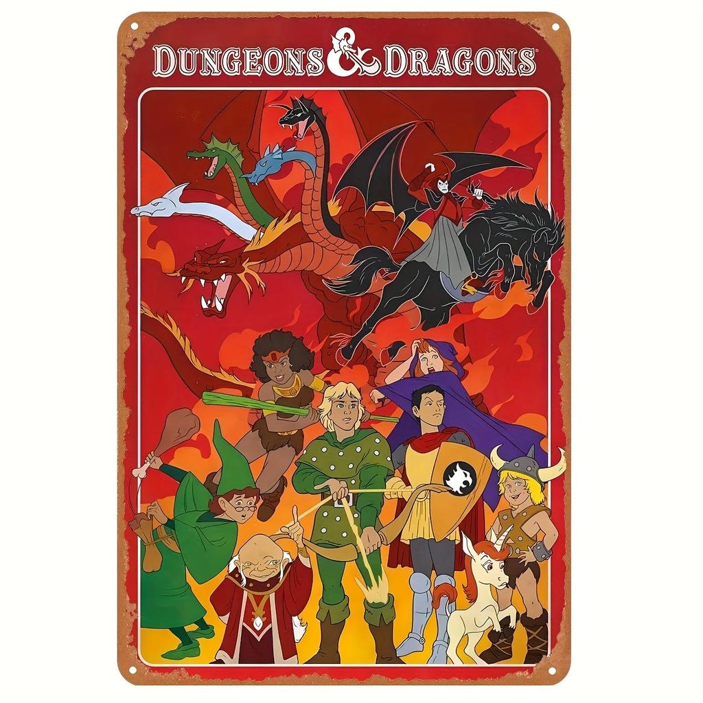 Классическая металлическая вывеска Dungeons,Dragons - Винтажное ретро настенное искусство с эпической сценой битвы драконов, Водонепроницаемое железо, Предварительно просверленные отверстия