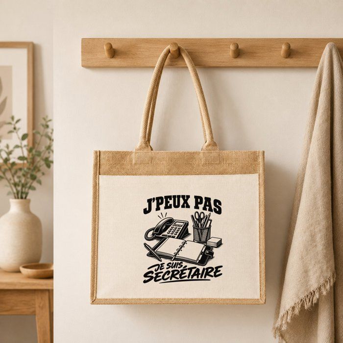 Sac cabas - PLANETEE - J'peux pas je suis Secrétaire (minimaliste) - Toile de jute et coton - 21 L (43×33×21 cm) - Anses coton 65 cm