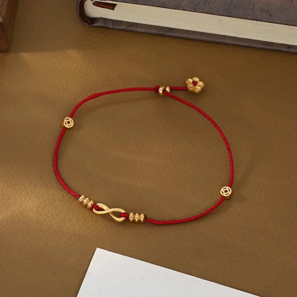 Vintage Red String Bracelet with Mobius & Lucky Fortune Coin Charm, Handmade Braided Rope Charm Bracelet for Good Luck