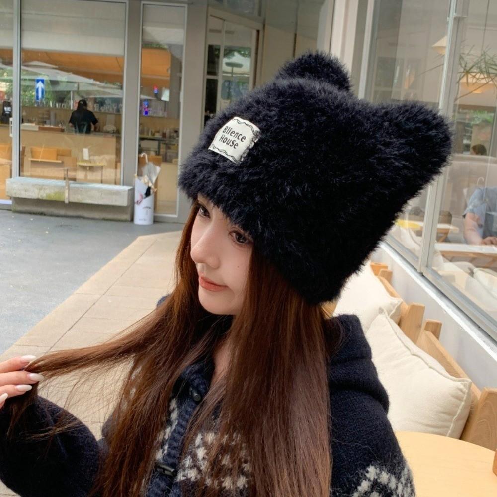 Polyester Winter Cat Ear Beanie Cold Proof Cozy Warm Hat Cute Knitted Beanie Hat Cold Weather