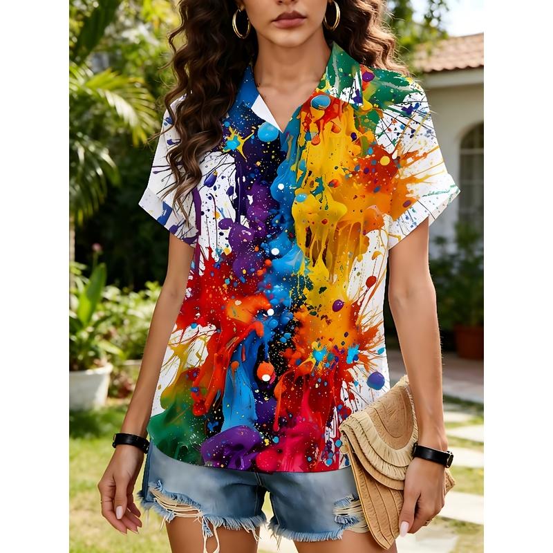 Women's Full-Body Splatter Art Print Short-Sleeve Button Shirt Lightweight Summer Casual Collar Loose Fit for Art Studios Music