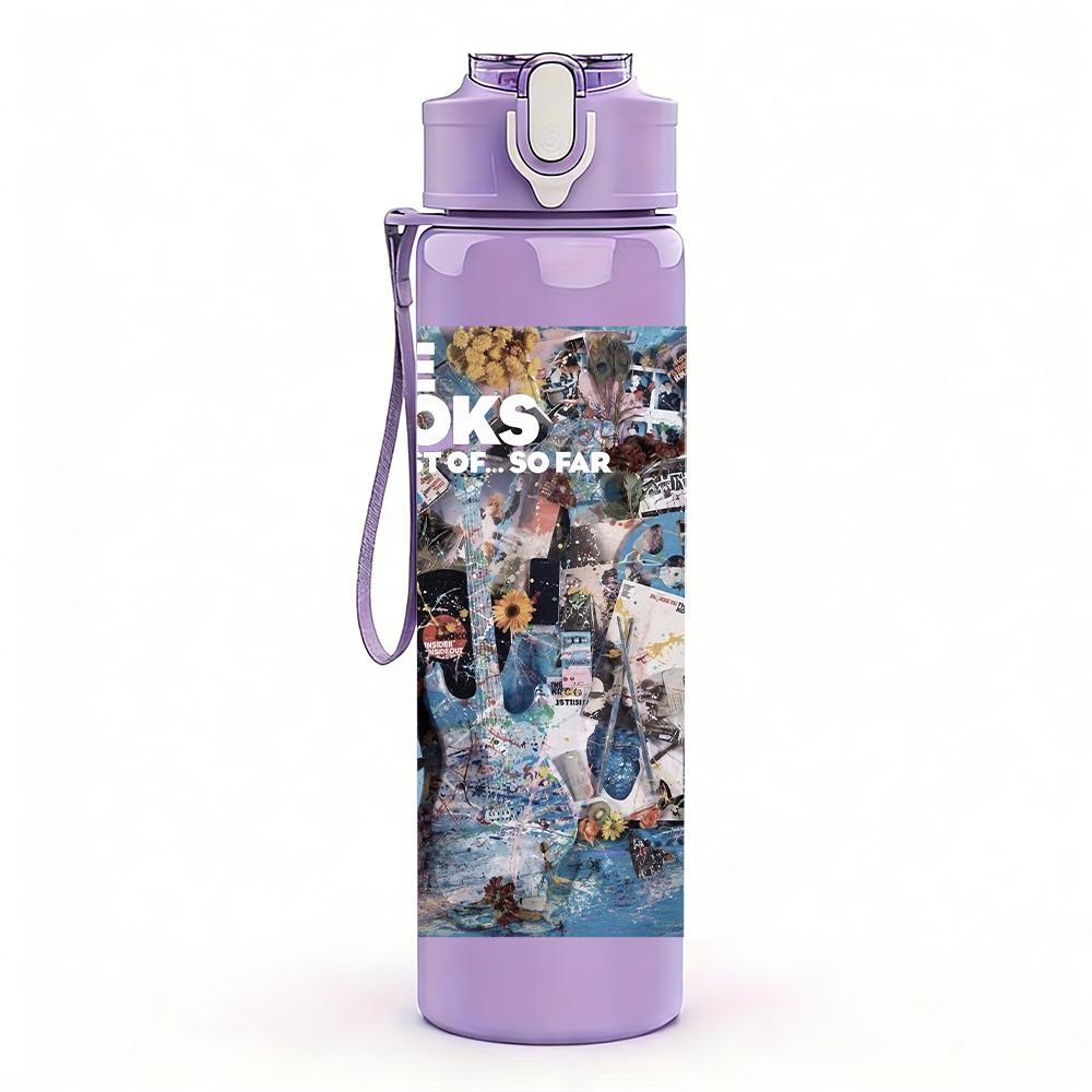 1PC Retro band grid collage print 750ml colorful plastic sports water bottle leakproof pop up lid with straw for outdoor work home use