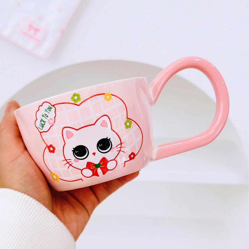 Котенок с ложкой Милый мультяшный Высокая ценность Большая вместимость Сувенирная кружка Девушка Пара Набор керамических чашек