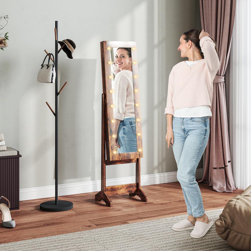 Freestanding Jewelry Cabinet with Mirror, Multiple Compartments, LED Lighting, Rustic Brown
