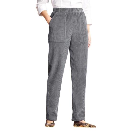 Corduroy Casual Pants Elastic Waist Women Long Pants with Pockets Solid Color Straight