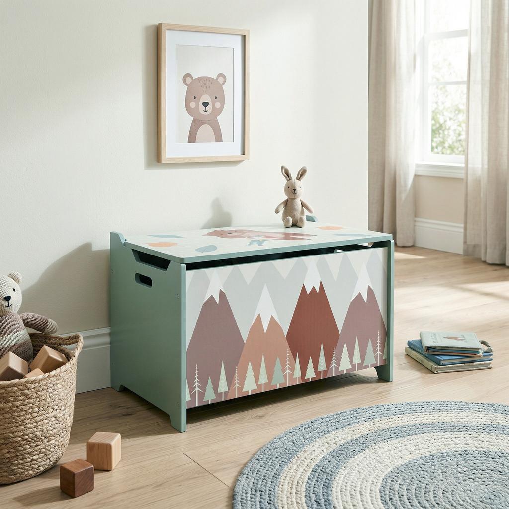 Storage Box, Toy Chest, Hinged Lid, Cute Motif, Green
