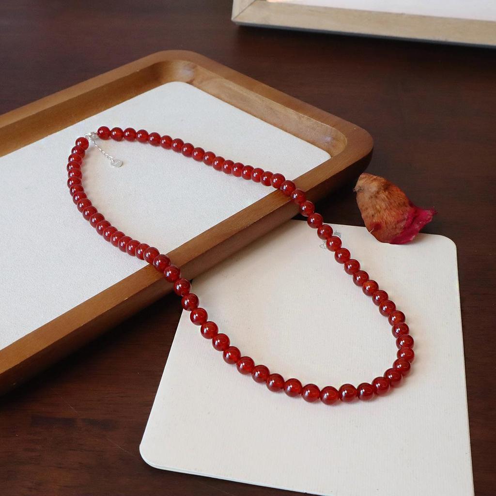 Natural Red Agate Beaded Necklace Women Vintage Round Carnelian Choker Necklaces Elegant Daily Wear Jewelry