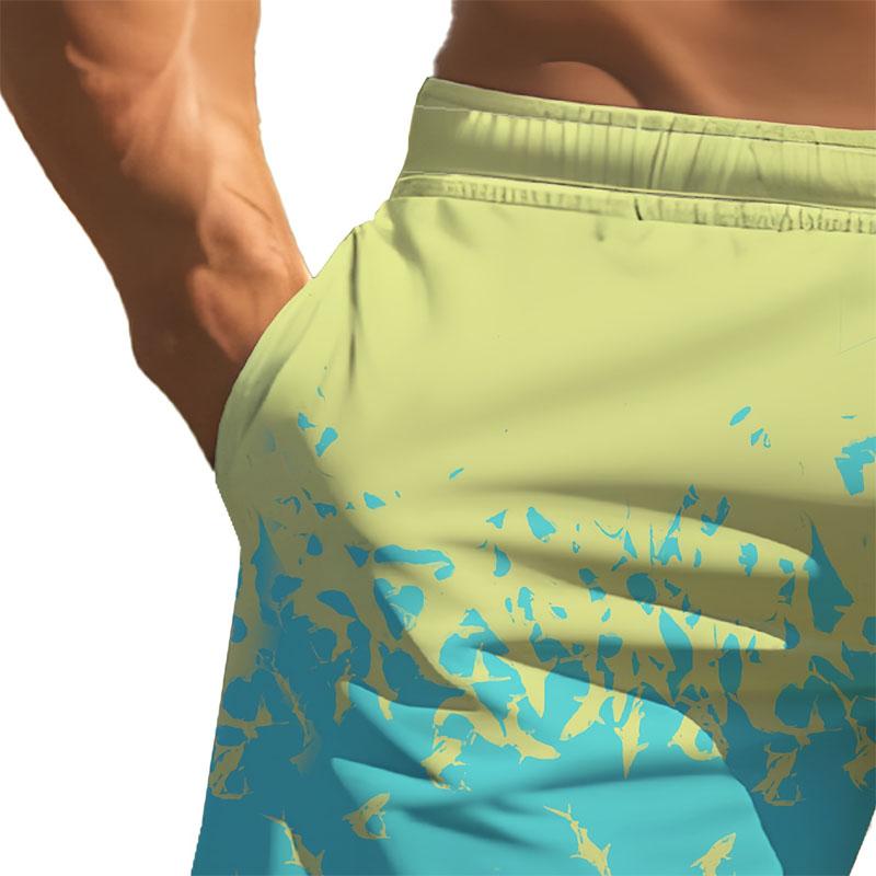 Летние Уличные Виды Спорта Обычное Издание Мужские Повседневные Пляжные Шорты на Шнурке Синий Градиент Желтый Цифровая Печать