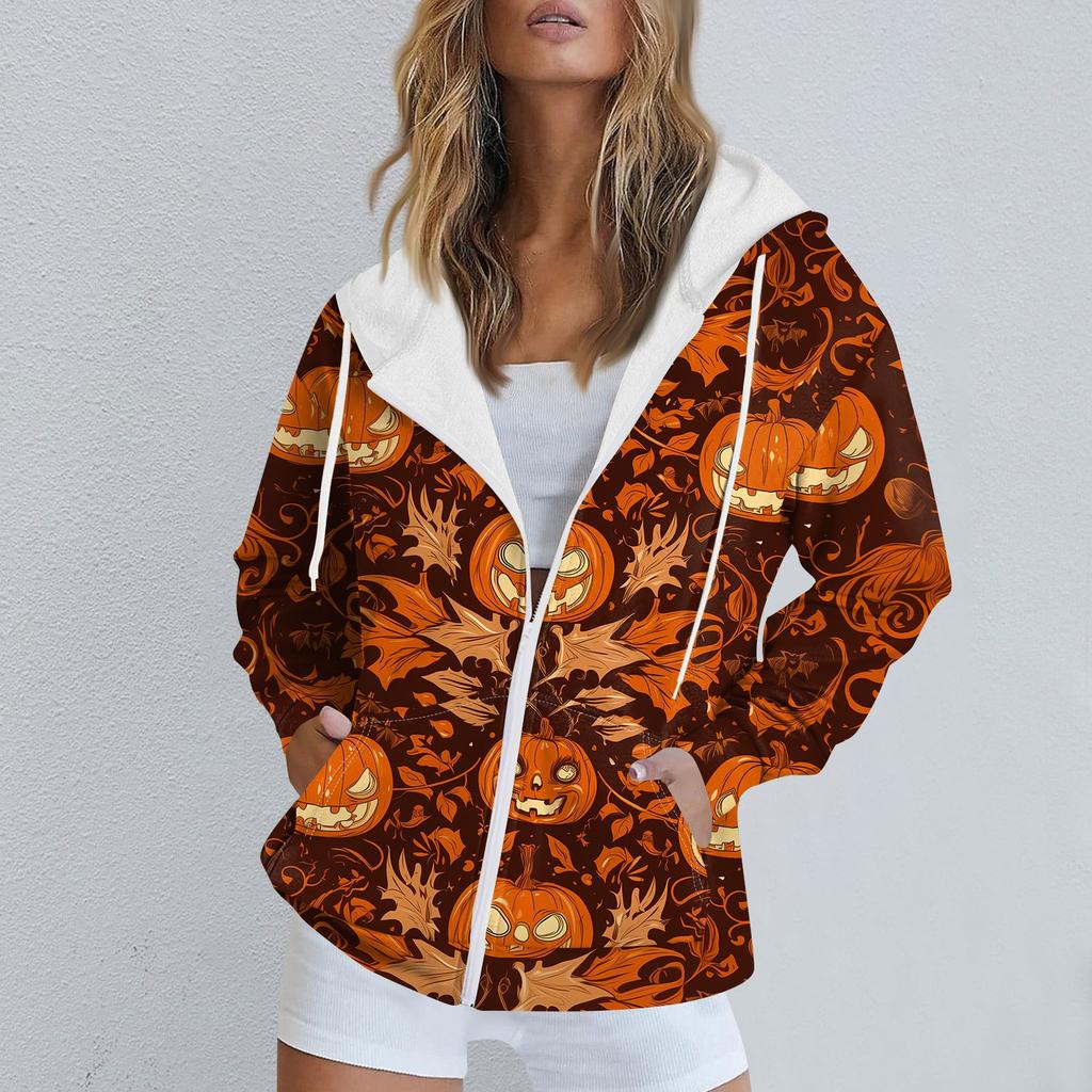 Женская повседневная спортивная одежда с принтом на Хэллоуин, осенне-зимняя куртка с капюшоном и длинными рукавами, с карманом на молнии
