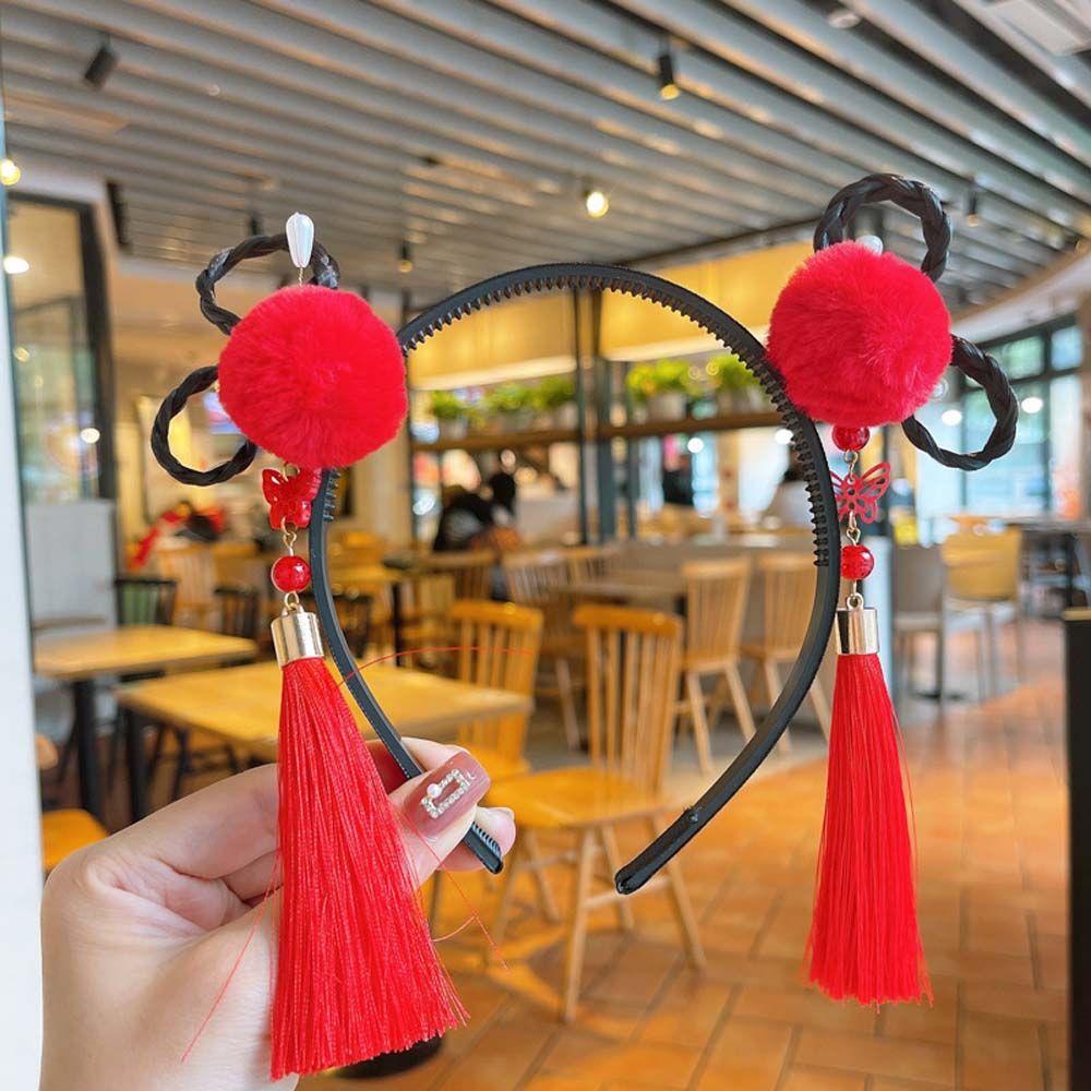 Elastic Cute Girls Pearl Bow Pigtail Wig Flower New Year Headress Children's Headband Chinese Style Hair Band Hanfu Hair Hoop