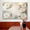 An elegant white floral polyester wall decoration - clustered flowers and green leaves, with an elegant floral design