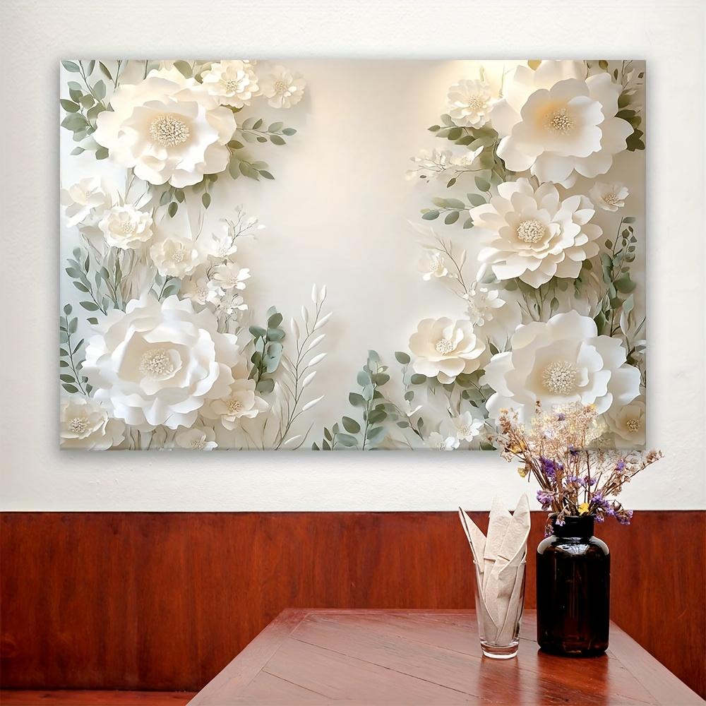 An elegant white floral polyester wall decoration - clustered flowers and green leaves, with an elegant floral design