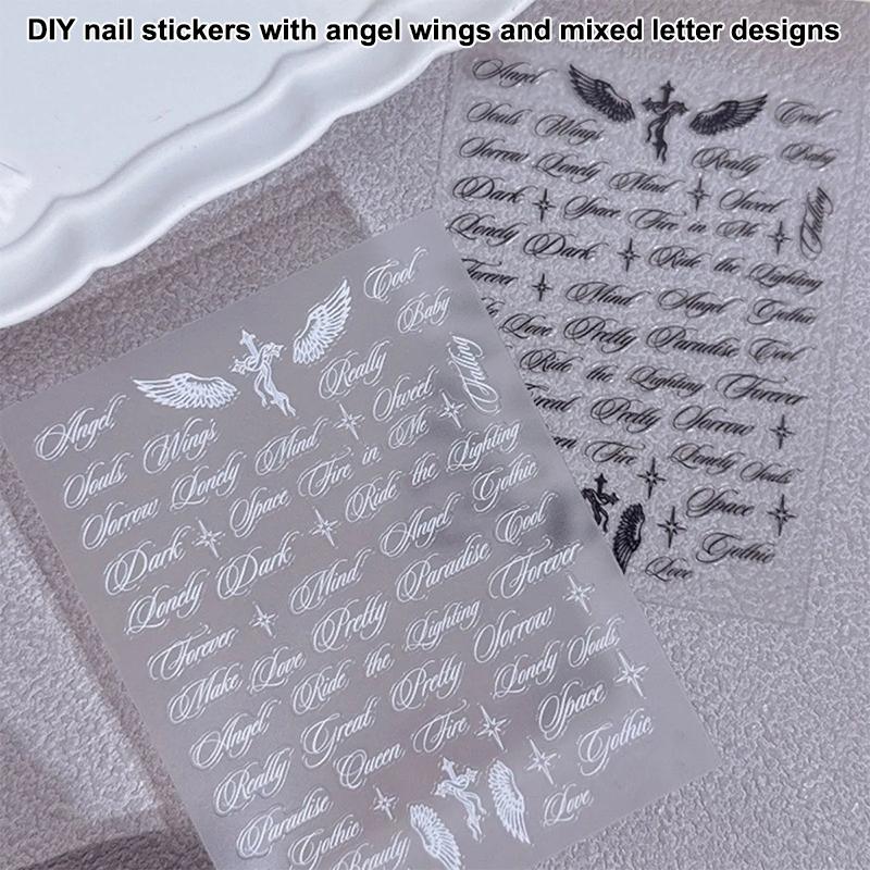 Black White Nail Stickers with Letters 3D Angel Wings Alphabet Mixed Styles Nail Decals for Professional Manicure Sets