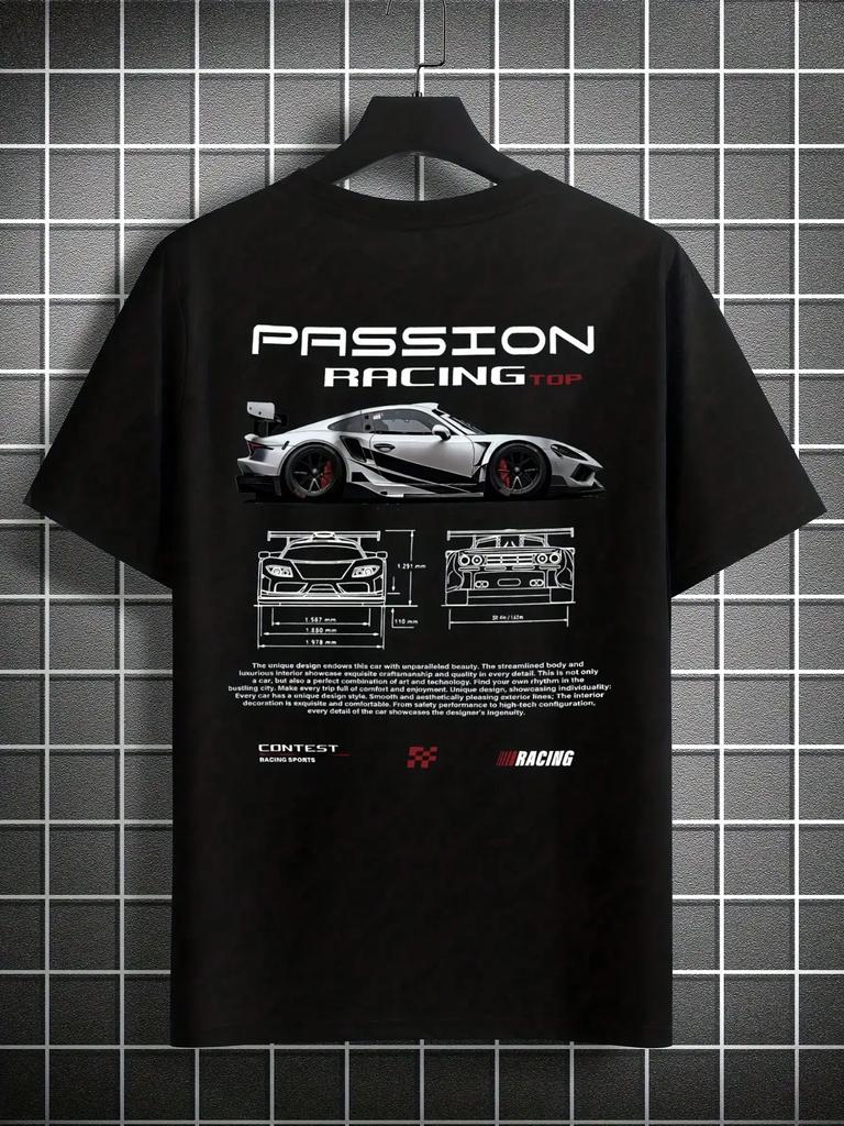 Мужская футболка Passion Racing с графическим принтом Белая Повседневная с коротким рукавом и круглым вырезом С дизайном автомобиля спереди и сзади Легкая Дышащая