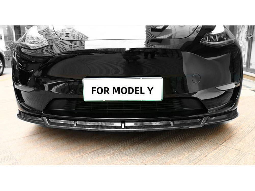 Carbon Fiber Body Kit for Tesla Model Y: Front Lip, Side Skirts, Rear Spoiler.