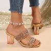 Fashion Shiny Sequin Slippers Women Transparent Thick Heel Women's Slippers 2025 Party Dress Shoes Women Summer Open Toe Heeled Sandals