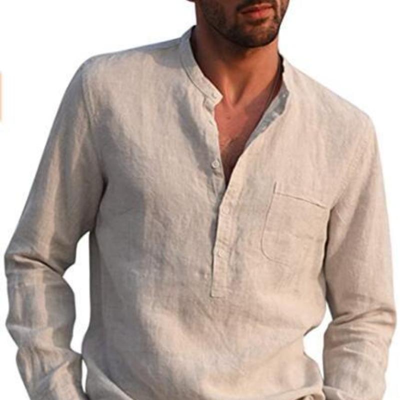 Мужская повседневная пляжная льняная рубашка с длинными рукавами и V-образным вырезом, новые универсальные тонкие модели модных рубашек