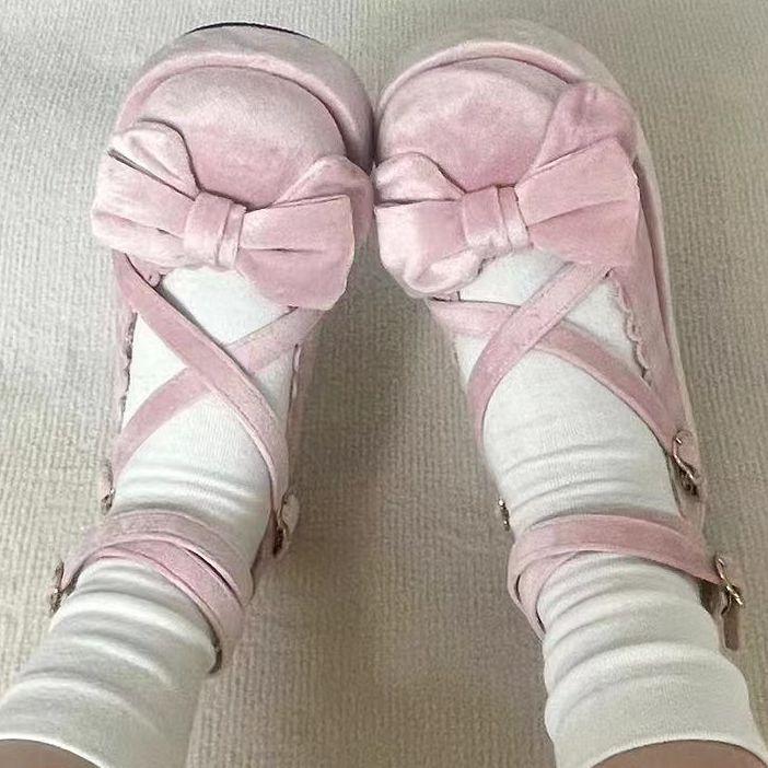 Spot | Sweetheart Fudge | Оригинальные туфли в стиле лолиты с перекрестными ремешками и круглой головкой, с плоским дном, с бантом