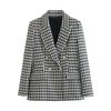 Women Fashion Double Breasted Houndstooth Blazer Coat Vintage Long Sleeve Flap Pockets Female Outerwear Chic Vestes