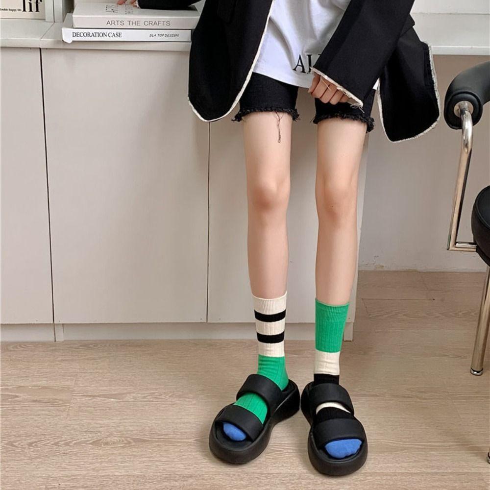 A Pair Stripes Mid Tube Socks Warm Womens Crew Socks Durable Cotton Socks At All Seasons