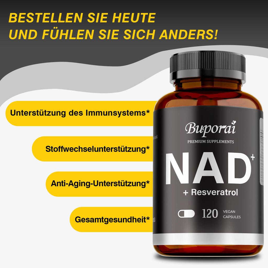 Premium Supplements NAD+ Resveratrol support cellular energy, anti-aging, antioxidant effects, and promote cardiovascular health.