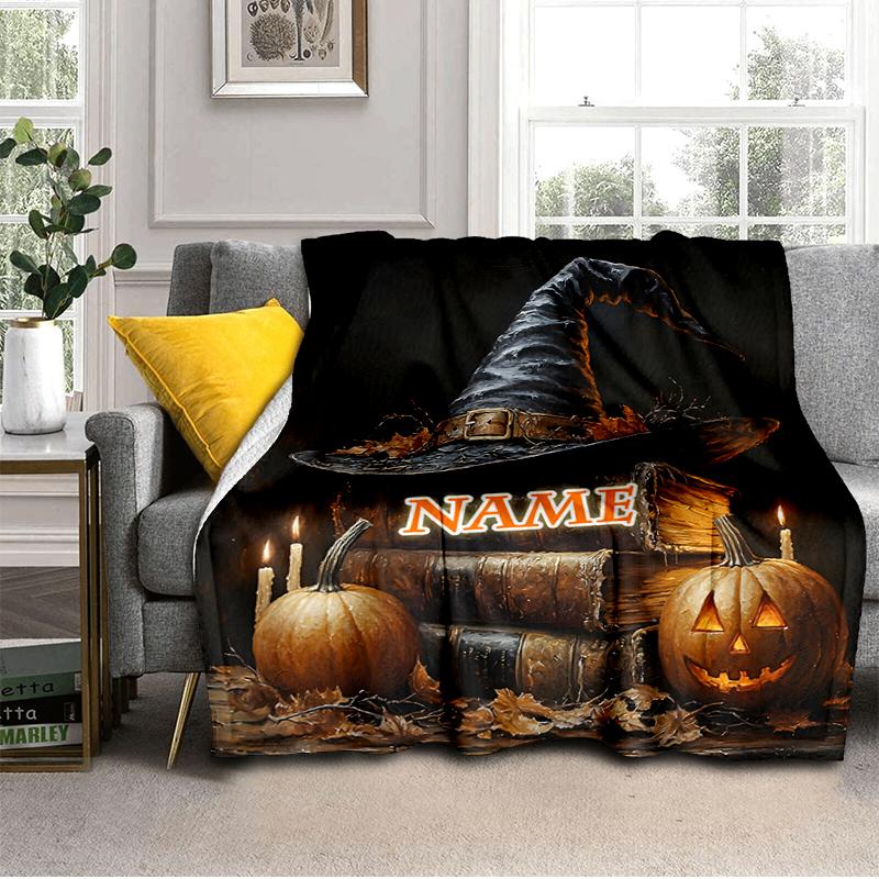 1PC Custom Name Halloween Witch Hat Jack-o'-lanterns outdooor Flannel blankets Throw Blanket All-Season Throw Gift Bedspread for Couch, Bed, Camping H