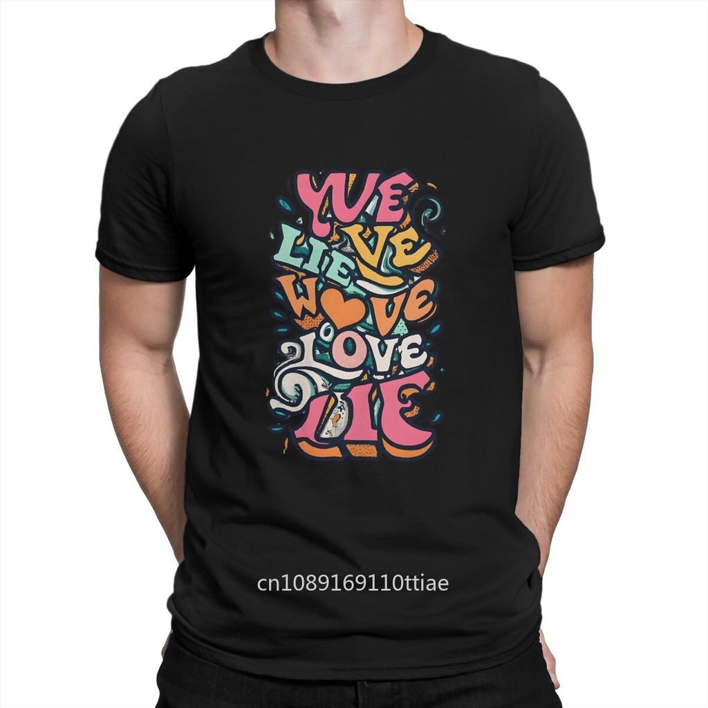 Creative We Live We Love We Lie Writing unisex T-Shirt Men Crew Neck Pure Cotton Blue Cat Elf Short Sleeve Tee Shirt Original Clothes
