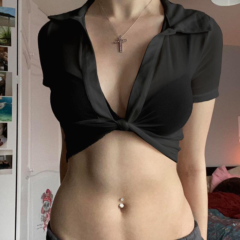 Сексуальная сетчатая футболка европейского стиля с V-образным вырезом и короткими рукавами - Женская летняя облегающая однотонная накидка с перекрутом