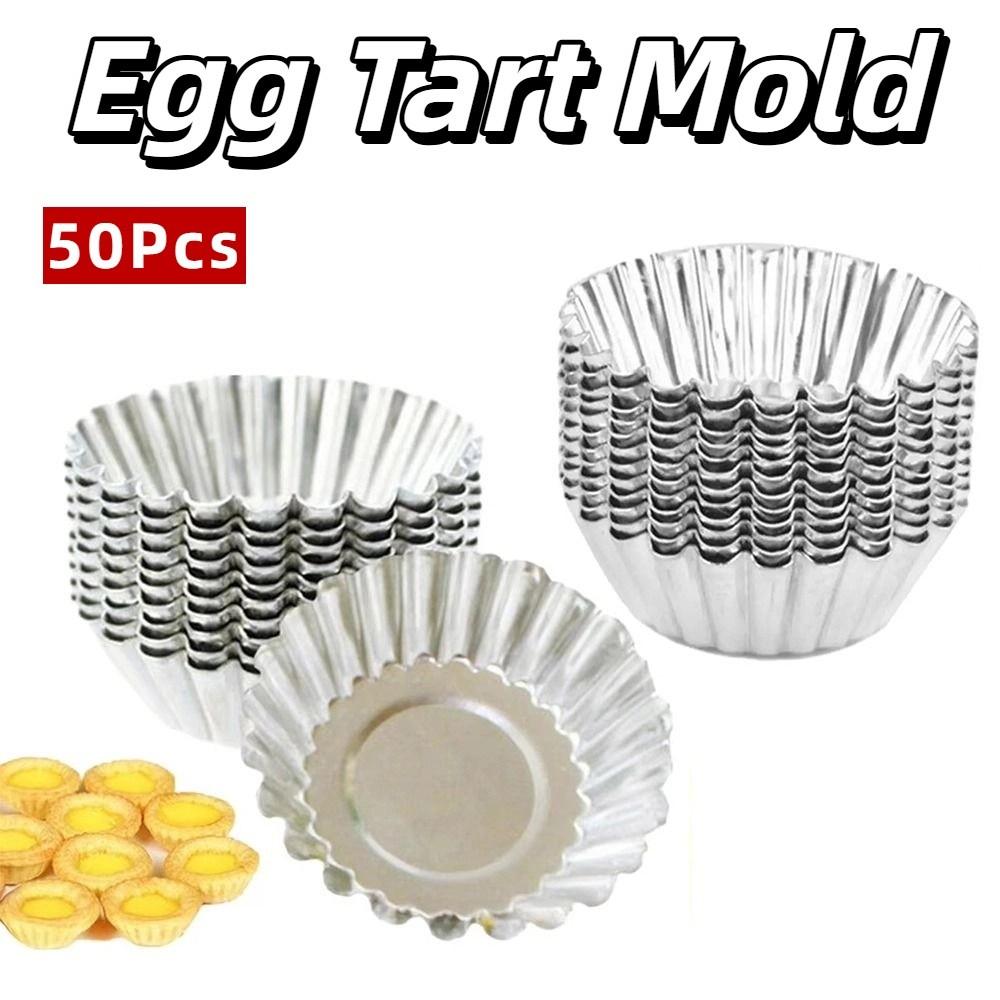 50Pcs Reusable Egg Tart Cup Mold Non-Stick Aluminium Alloy Kitchen Baking Mold Fluted Round Flower Shape Tart Muffin Molds