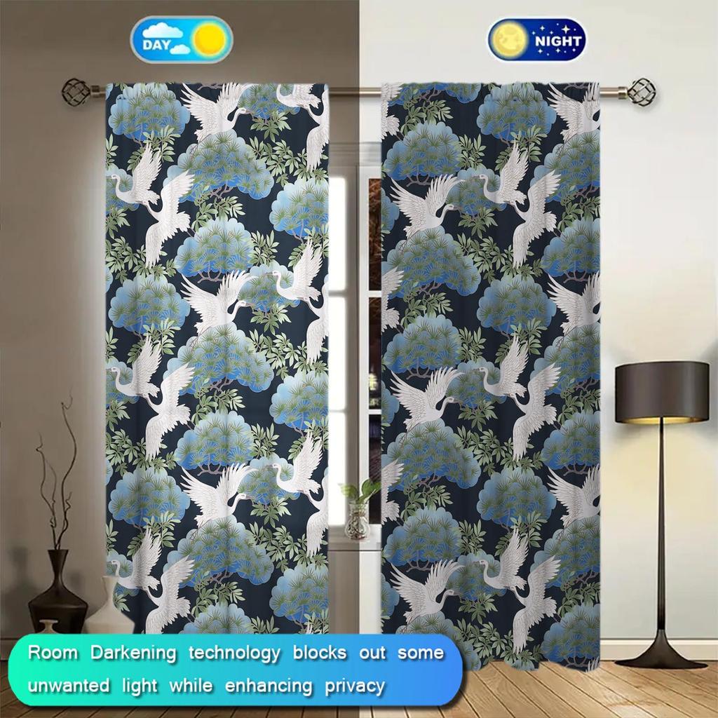 2pcs Japanese Style Hot-scalding Crane Curtains Sunshade and Privacy-protecting Pole-style Curtains