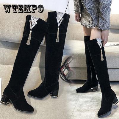 Женские сапоги, осенне-зимние сапоги выше колена, удобные хлопковые ботинки из флока с кисточками и кристаллами на плоской подошве