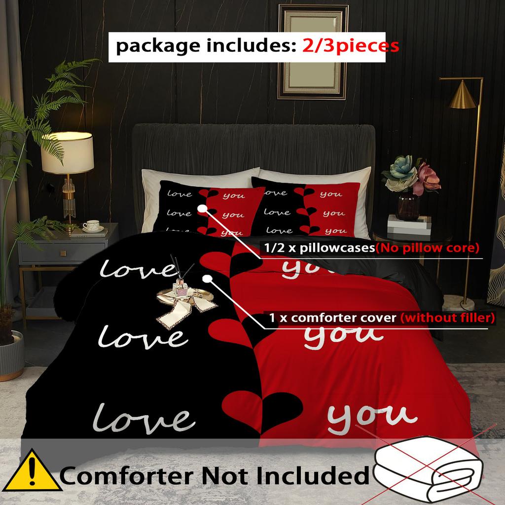 Комплект пододеяльника с 3D-принтом 'Любовь' Черно-красная цветовая гамма Парный стиль Постельное белье Домашний текстиль Пододеяльник Наволочки