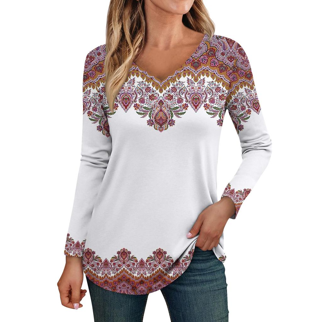 Women's Long Sleeved Retro Floral Print V-neck Top T-shirt